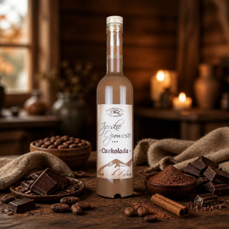 Likier Izerskie Opowieści Czekolada 500 ml wśród kawałków czekolady i ziaren kakao