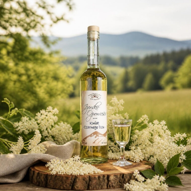 Likier Izerskie Opowieści Kwiat Czarnego Bzu 500 ml wśród kwiatów czarnego bzu