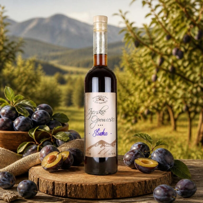 Likier Izerskie Opowieści Śliwka 500 ml wśród śliwek w sadzie