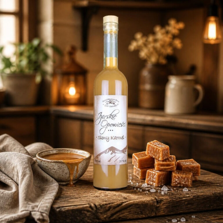 Likier Izerskie Opowieści Słony Karmel 500 ml obok krówek karmelowych i sosu karmelowego