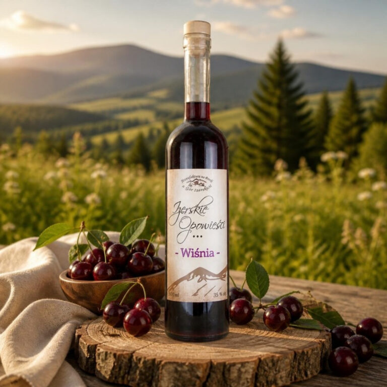 Likier Izerskie Opowieści Wiśnia 500 ml wśród wiśni na drewnianym plastrze, w tle góry
